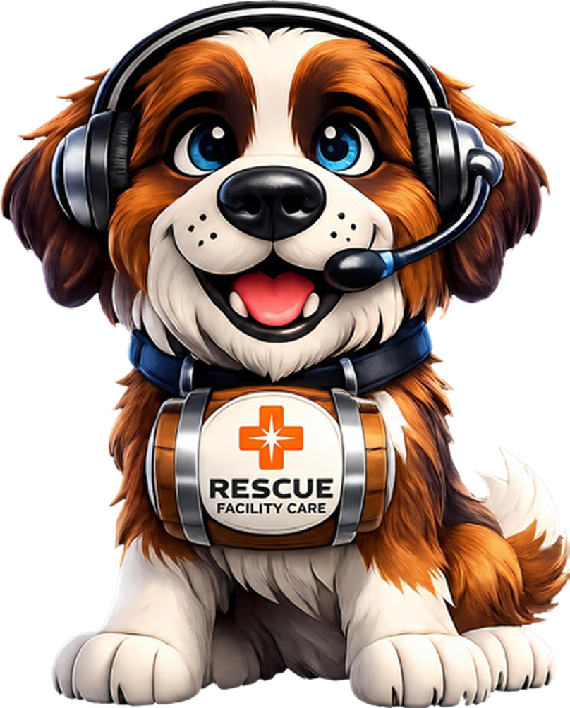 Bernard, the Rescue Facility Care dispatch mascot wearing a headset